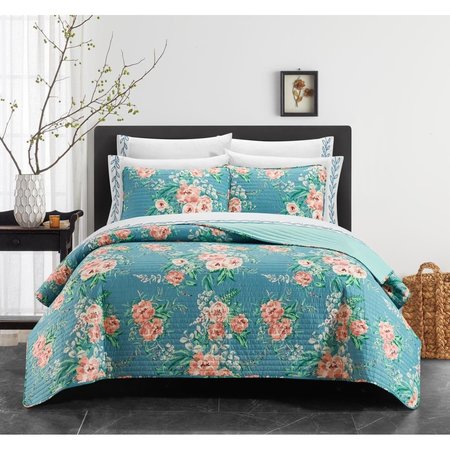 FIXTURESFIRST 9 Piece Cariel Quilt Set, Aquamarine & Coral - Queen Size FI2085484